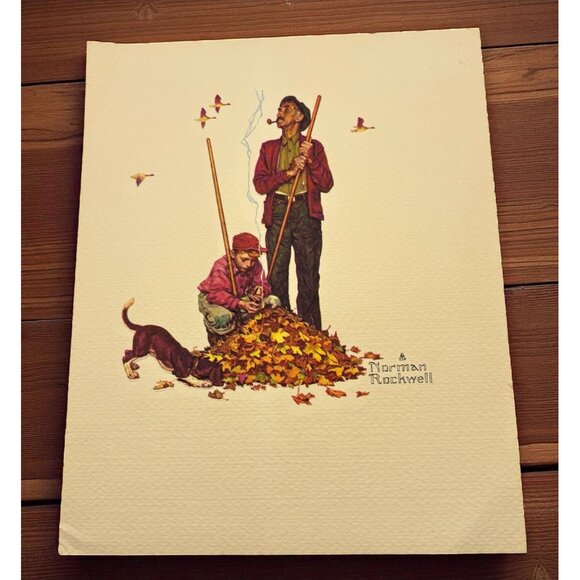 Norman Rockwell Grandpa and Me Embossed Print Vintage Raking Leaves - Picture 1 of 6